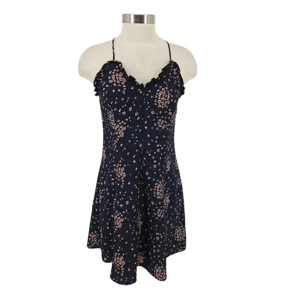 Ann Taylor LOFT Fit Flare Dress Navy Floral Sleeveless Zip Ruffle Sweetheart - Picture 1 of 7